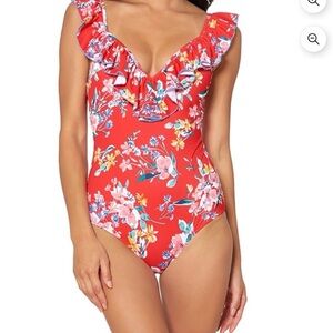 Jessica Simpson Red Floral Ruffle One-Piece Swimsuit